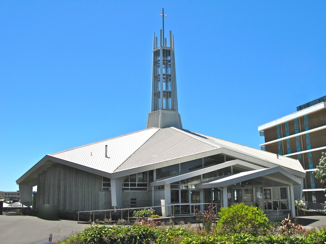 Parish office entrance with Mount Taranaki beyond